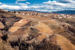 Panorama mozzafiato del paese piemontese con colline verdi e cielo azzurro.