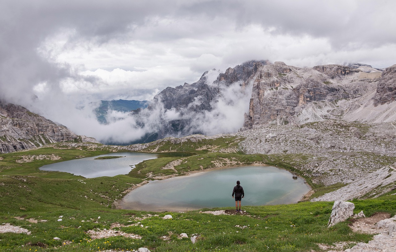 Panorama delle Dolomiti in primavera con fiori colorati e cime innevate.