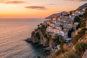 Borgo ligure pittoresco con case colorate e vista sul mare, immerso nella natura.